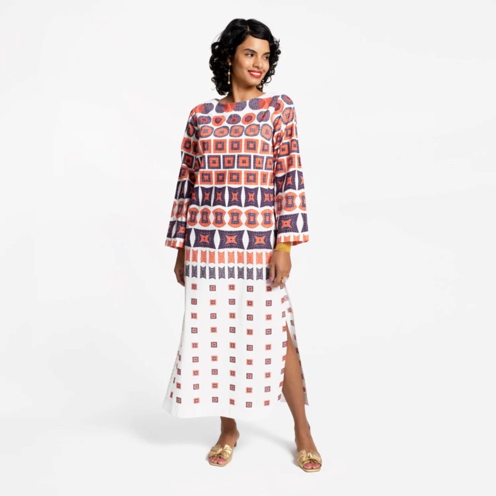 Frances Valentine White Maxi Dress with Coral and Navy Geometric Print